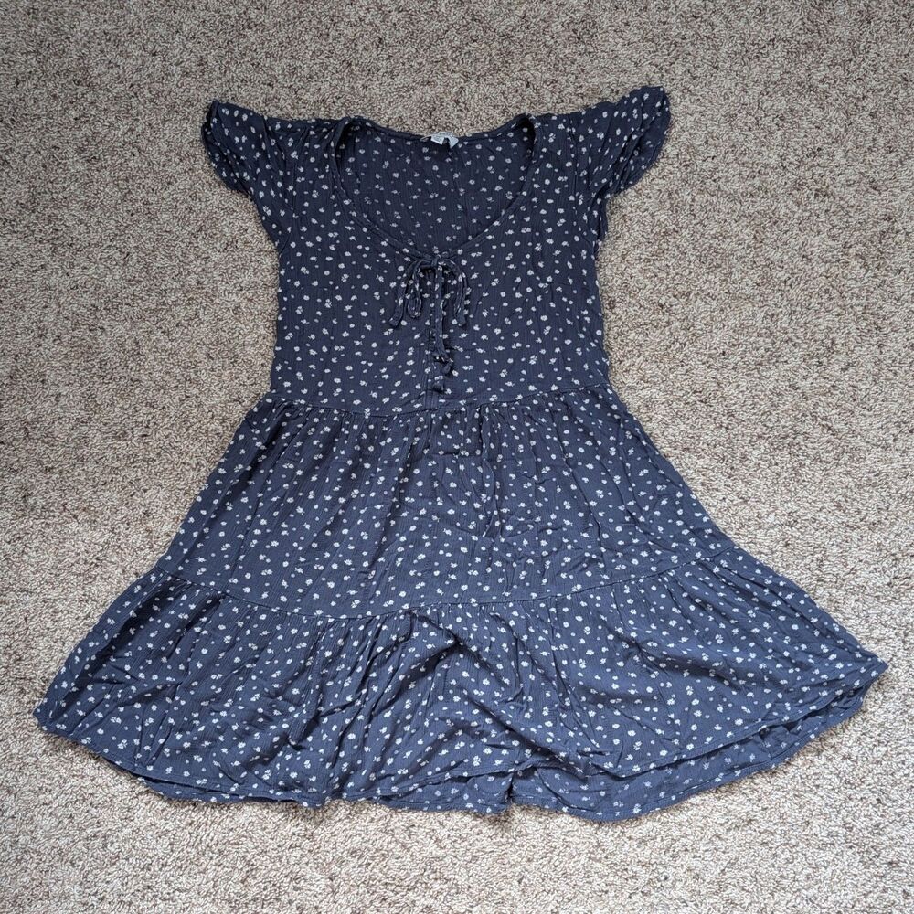 True Craft Navy Blue Floral Ditsy Print Tiered Mini Dress XS Prairie Cottage